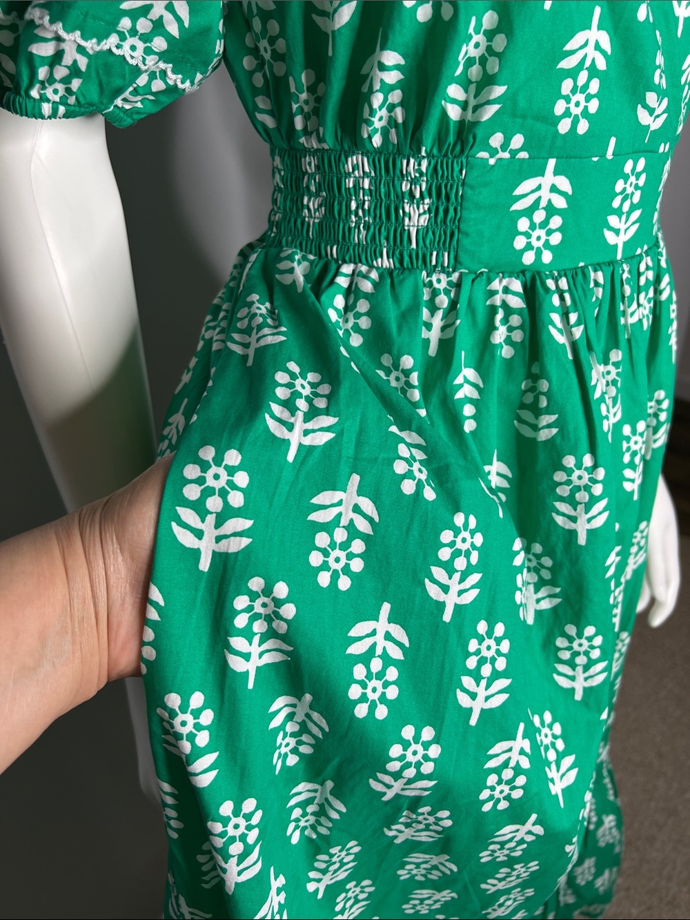 J. Crew Factory Block- Print Puff Sleeves Green Dress - Picture 6 of 12